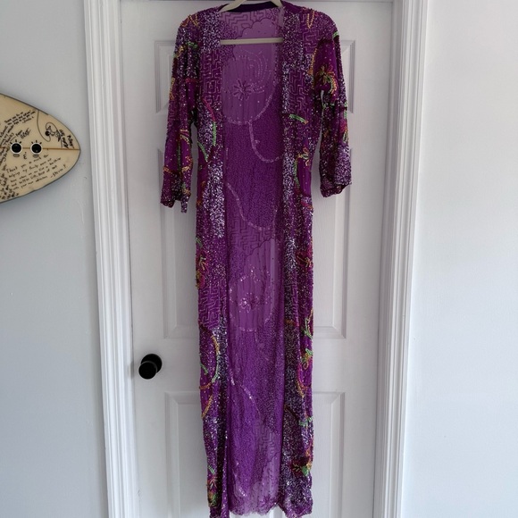 VINTAGE Hand Beaded Sequin Duster Coat Purple Sheer Maxi Evening Glam S/M - Picture 3 of 13